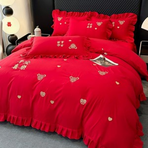 New festive red wedding embroidery cotton wedding four-piece suit
