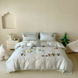 300TC Lyocell Plant Floral Embroidery Duvet Cover Blue Bed Sheet Printing Bedding Set