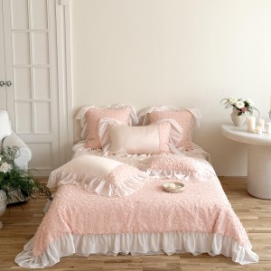 Hot-selling 4-pieces textile pink lace 2m/2.2m bedsheet flat sheets 1.8m quilt cover premium bedding set manufacture