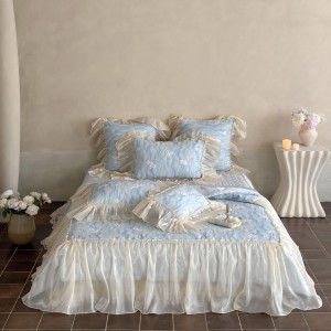 80S lyocell satin home hotel textile blue lace comforter cover with 2 high-end pillowcases coverlets bedding set manufacture