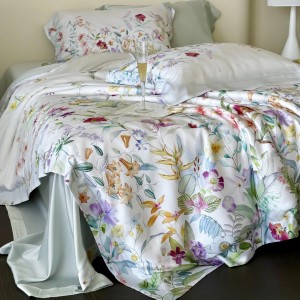 Hot selling lyocell 4-pieces textile ODM coverlets printing bedsheets white bed linen bedding set wholesaler
