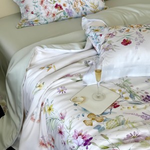 Hot selling lyocell 4-pieces textile ODM coverlets printing bedsheets white bed linen bedding set wholesaler