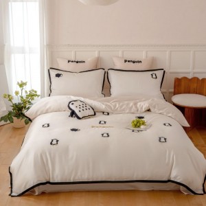 High Quality 60S Lyocell Home Textile Black Embroidery White Duvet Quilt Comforter Cover Soft Bed Sheet Bedding Set