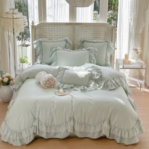 4-pieces quilt cover with 2 premium green pillow shams cotton flat fitted sheet high quality pillowslip single lace bedding set