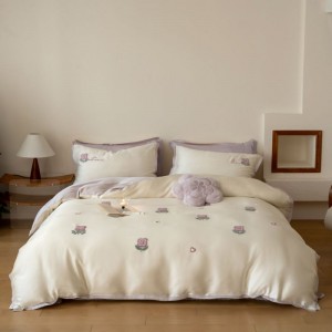 60-count lyocell floral plant embroidery comfortable breathable bed sheet bed linen four-piece white purple bedding set