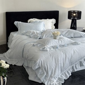 Light blue lace edge jacquard quilt duvet cover 100s cotton home textile bed sheets bedding set