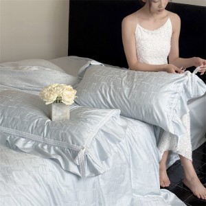 Light blue lace edge jacquard quilt duvet cover 100s cotton home textile bed sheets bedding set
