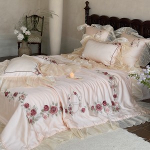 Hot selling pink quilt cover embroidered fitted sheets flat sheet 80S lyocell home textile 4-pieces bedding set supplier