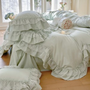 4-pieces quilt cover with 2 premium green pillow shams cotton flat fitted sheet high quality pillowslip single lace bedding set