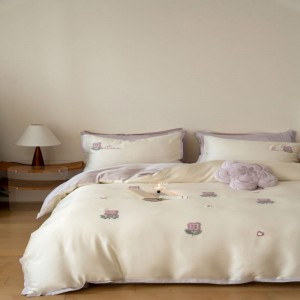 60-count lyocell floral plant embroidery comfortable breathable bed sheet bed linen four-piece white purple bedding set