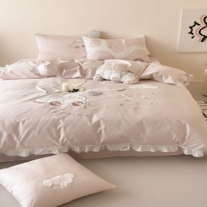 500tc satin cotton 3/4pcs quilt cover set silky bed sheets pink embroidery bedding set