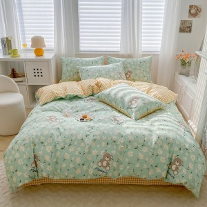 Cotton printed pure cotton floral small fresh cartoon bed sheet four-piece set