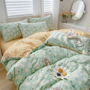 Cotton printed pure cotton floral small fresh cartoon bed sheet four-piece set