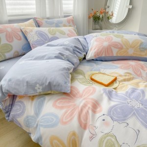 Cotton printed pure cotton floral small fresh cartoon bed sheet four-piece set