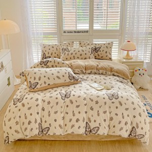Fresh and simple milk velvet printed four-piece set of bed sheets and fitted sheet type set