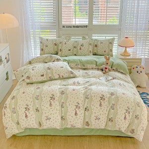 Fresh and simple milk velvet printed four-piece set of bed sheets and fitted sheet type set