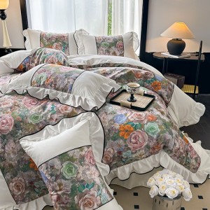 French digital printed cotton four-piece suit, lace digital printed French thickened four-piece suit