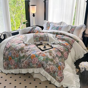 French digital printed cotton four-piece suit, lace digital printed French thickened four-piece suit