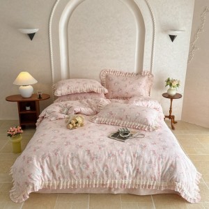 New 40-count pure cotton double-layer yarn contrast lace four-piece suit
