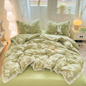 Exquisite new hollow lace crinkled cotton four-piece set