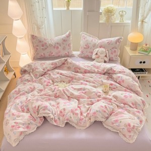 Exquisite new hollow lace crinkled cotton four-piece set