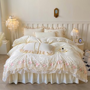 New washed skin-friendly cotton chiffon lace embroidered bed skirt and fitted sheet four-piece set