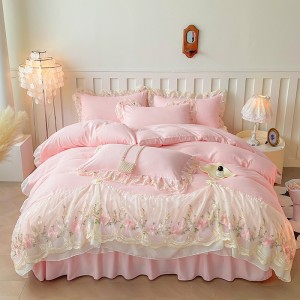 New washed skin-friendly cotton chiffon lace embroidered bed skirt and fitted sheet four-piece set