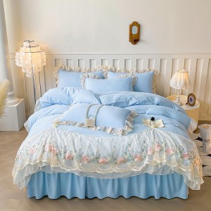 New washed skin-friendly cotton chiffon lace embroidered bed skirt and fitted sheet four-piece set