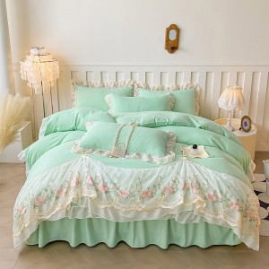 New washed skin-friendly cotton chiffon lace embroidered bed skirt and fitted sheet four-piece set