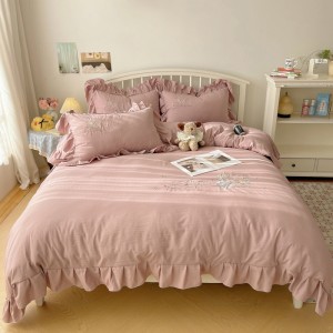 Lace-embroidered washed cotton 4-piece sheet set