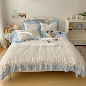 Lace-embroidered washed cotton 4-piece sheet set