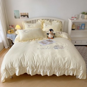 Lace-embroidered washed cotton 4-piece sheet set