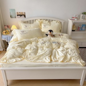 Lace-embroidered washed cotton 4-piece sheet set