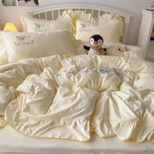 Lace-embroidered washed cotton 4-piece sheet set
