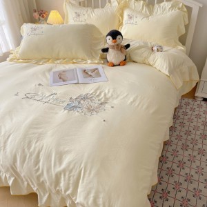 Lace-embroidered washed cotton 4-piece sheet set