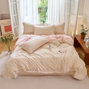 Cloud-like kapok print pure cotton hollow lace four-piece bed cover set