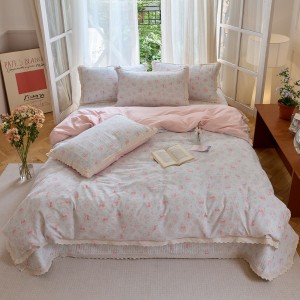 Cloud-like kapok print pure cotton hollow lace four-piece bed cover set