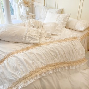 French style pure cotton white bed skirt four-piece lace edge bedding set