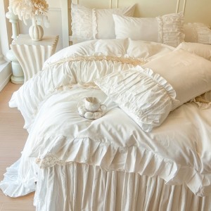 French style pure cotton white bed skirt four-piece lace edge bedding set