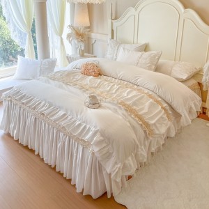 French style pure cotton white bed skirt four-piece lace edge bedding set