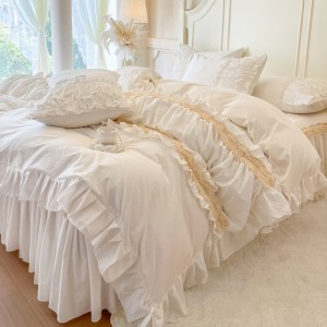 French style pure cotton white bed skirt four-piece lace edge bedding set