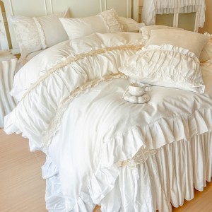 French style pure cotton white bed skirt four-piece lace edge bedding set