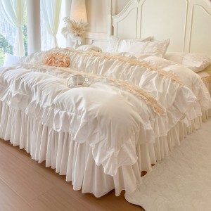 French style pure cotton white bed skirt four-piece lace edge bedding set