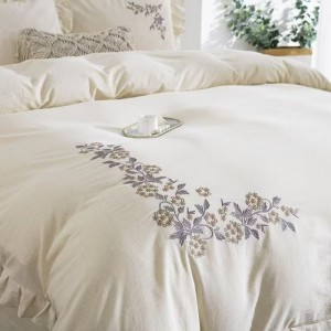 100% linen cotton floral plant embroidery duvet comforter cover white flat bed sheet bedding set