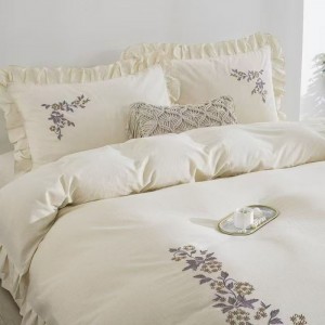 100% linen cotton floral plant embroidery duvet comforter cover white flat bed sheet bedding set