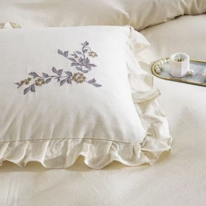 100% linen cotton floral plant embroidery duvet comforter cover white flat bed sheet bedding set