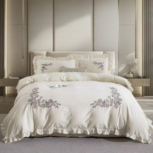 100% linen cotton floral plant embroidery duvet comforter cover white flat bed sheet bedding set