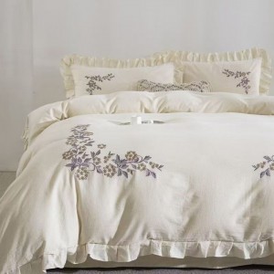 100% linen cotton floral plant embroidery duvet comforter cover white flat bed sheet bedding set