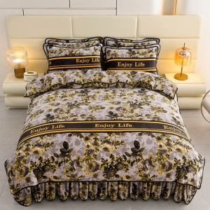 High-Gram Milk Fleece Mink Fleece Floral Printed Bed Skirt Four-Piece Bedding Set