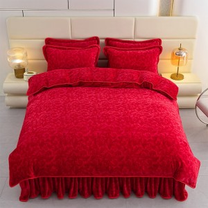 High-Gram Milk Fleece Mink Fleece Floral Printed Bed Skirt Four-Piece Bedding Set